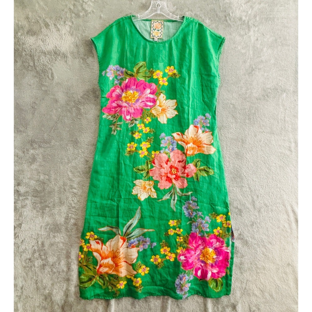 Johnny Was Side Slit Shift Slip Dress Celiora Womens M Green Floral NWT Flawed